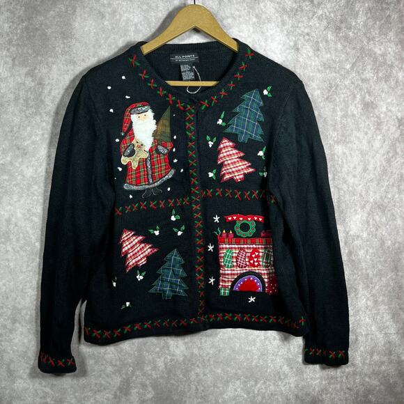 All Points By Reference Point Christmas Cardigan Sweater Womens Large Black Knit - Picture 1 of 8